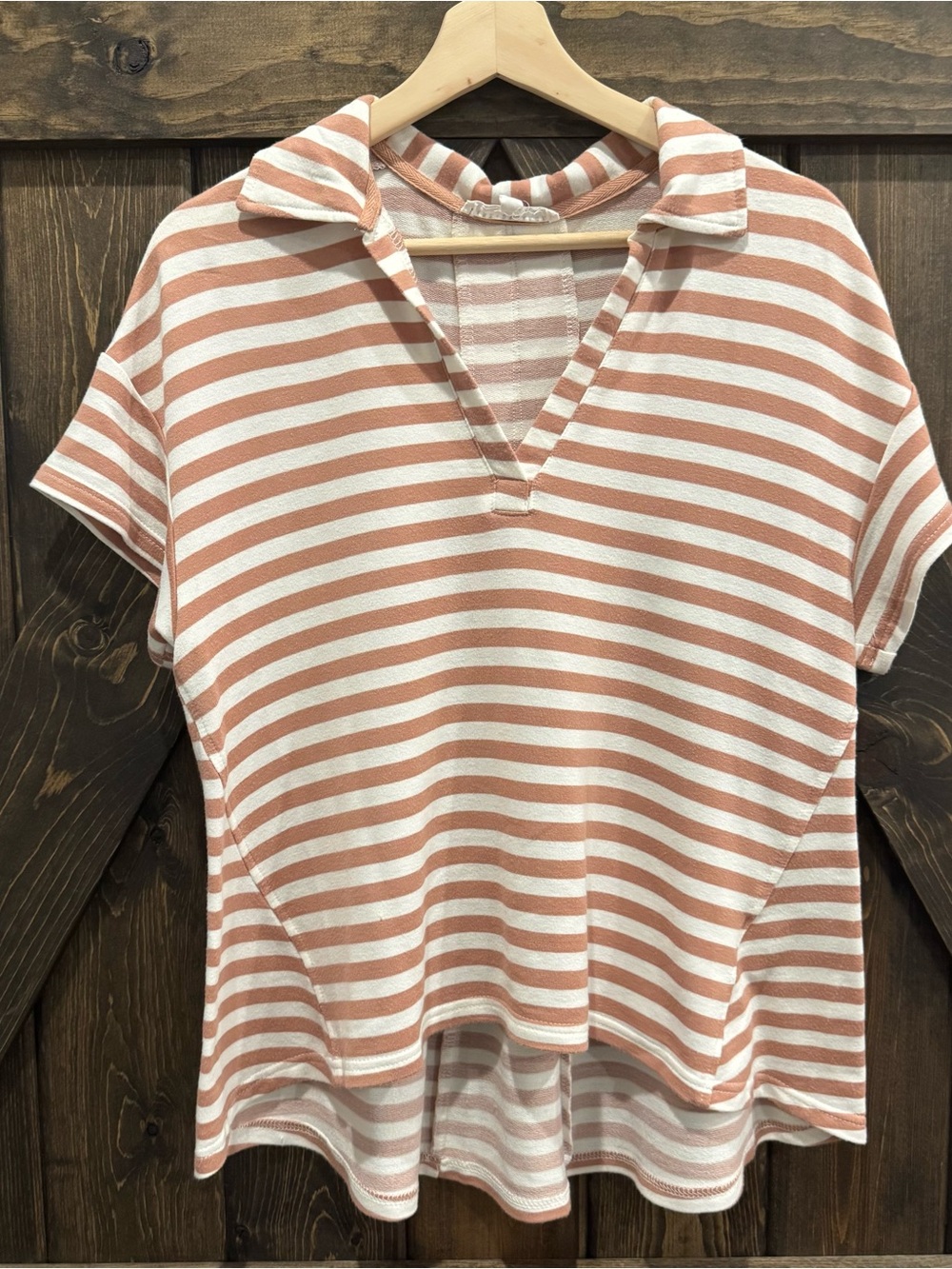 Jane & Delancy Striped V-Neck Polo Top high low hemline